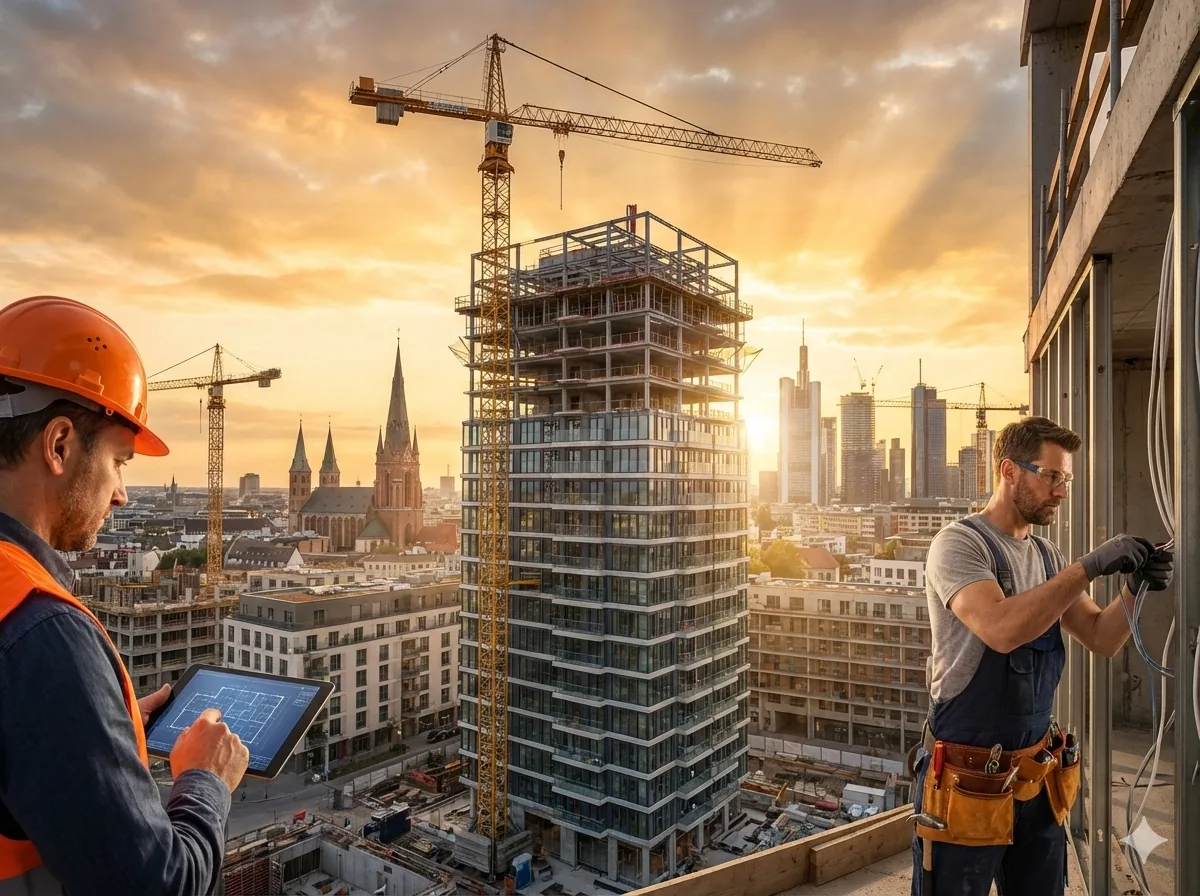 Hochhaus-Baustelle mit Kränen vor der Stadtsilhouette im Sonnenuntergang