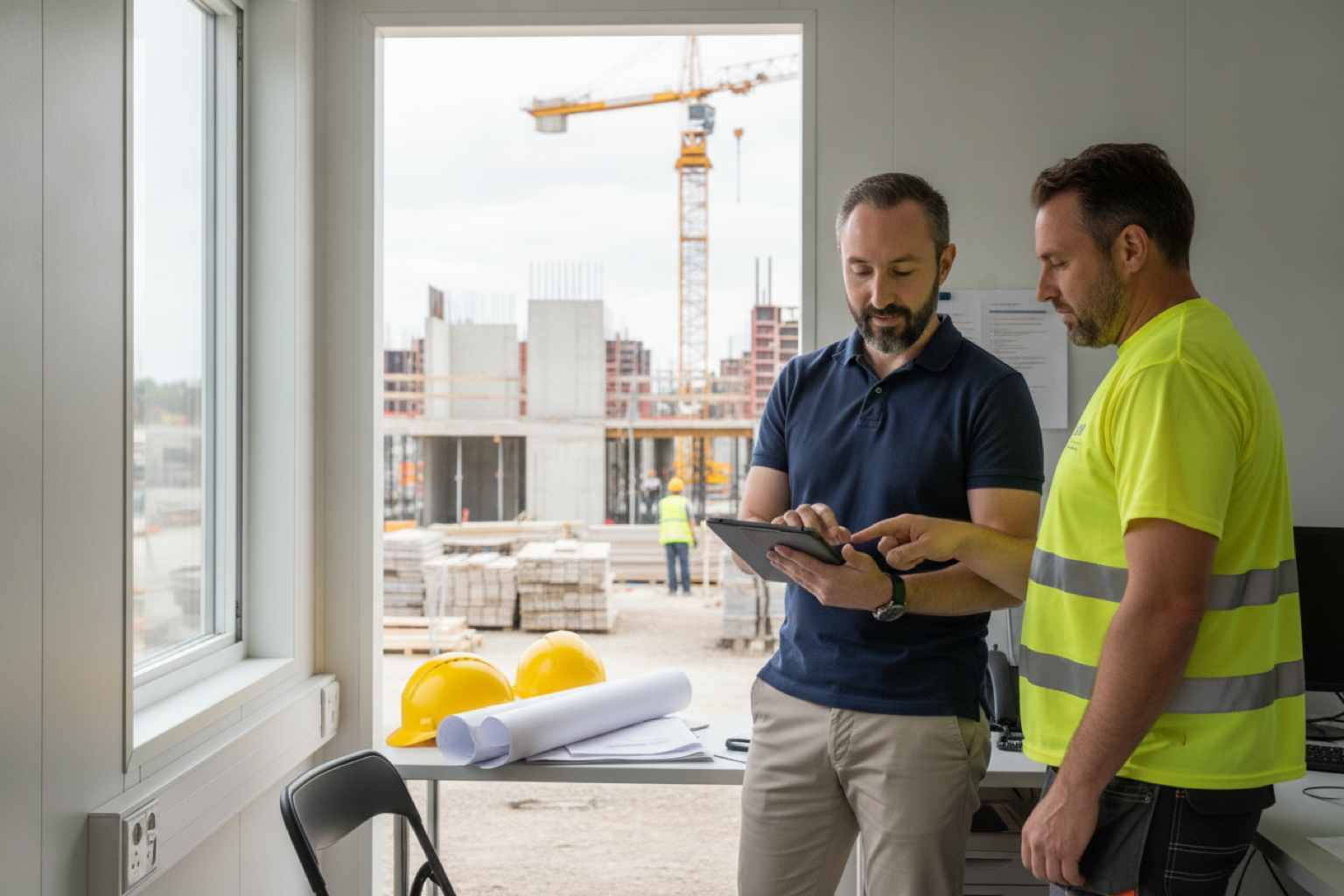 Zwei Bauprofis mit Tablet auf der Baustelle — KI-Lösungen für Bau und Handwerk