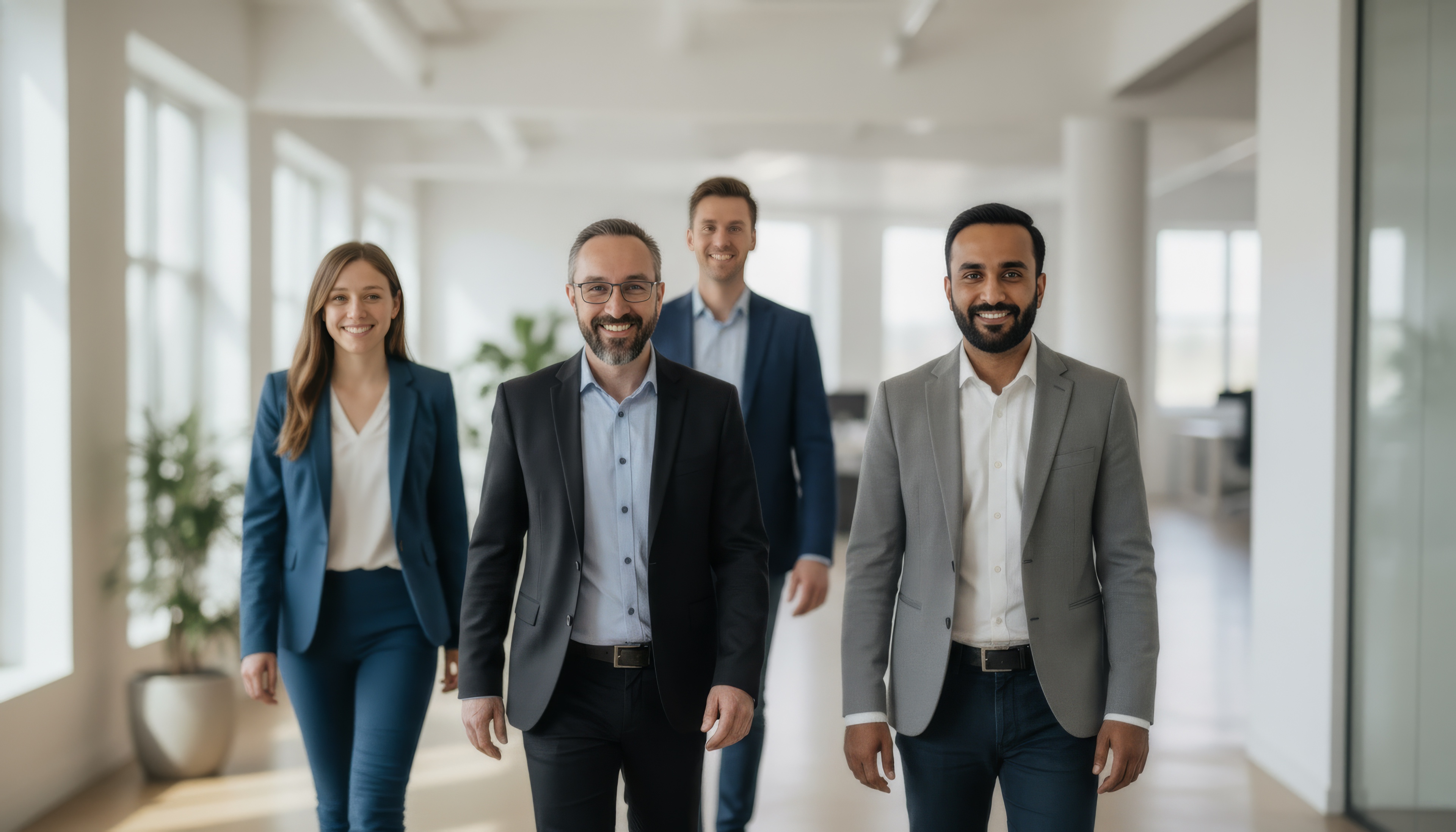 Das NovaData-Team in einem modernen Büro mit großen Fensterfronten