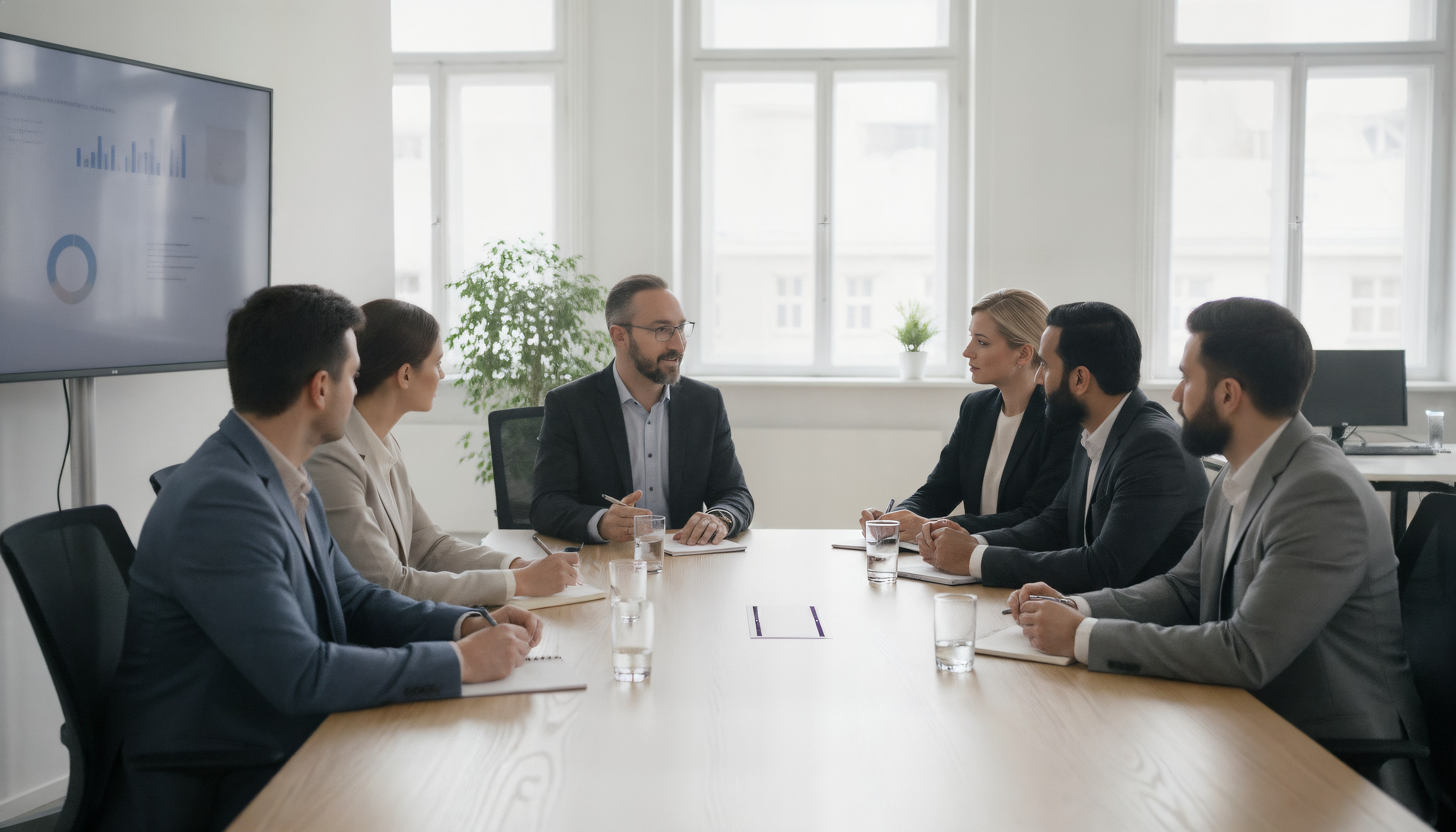Team-Meeting an einem Konferenztisch in einem hellen, modernen Büro — Sinnbild für Vertrauen und Transparenz