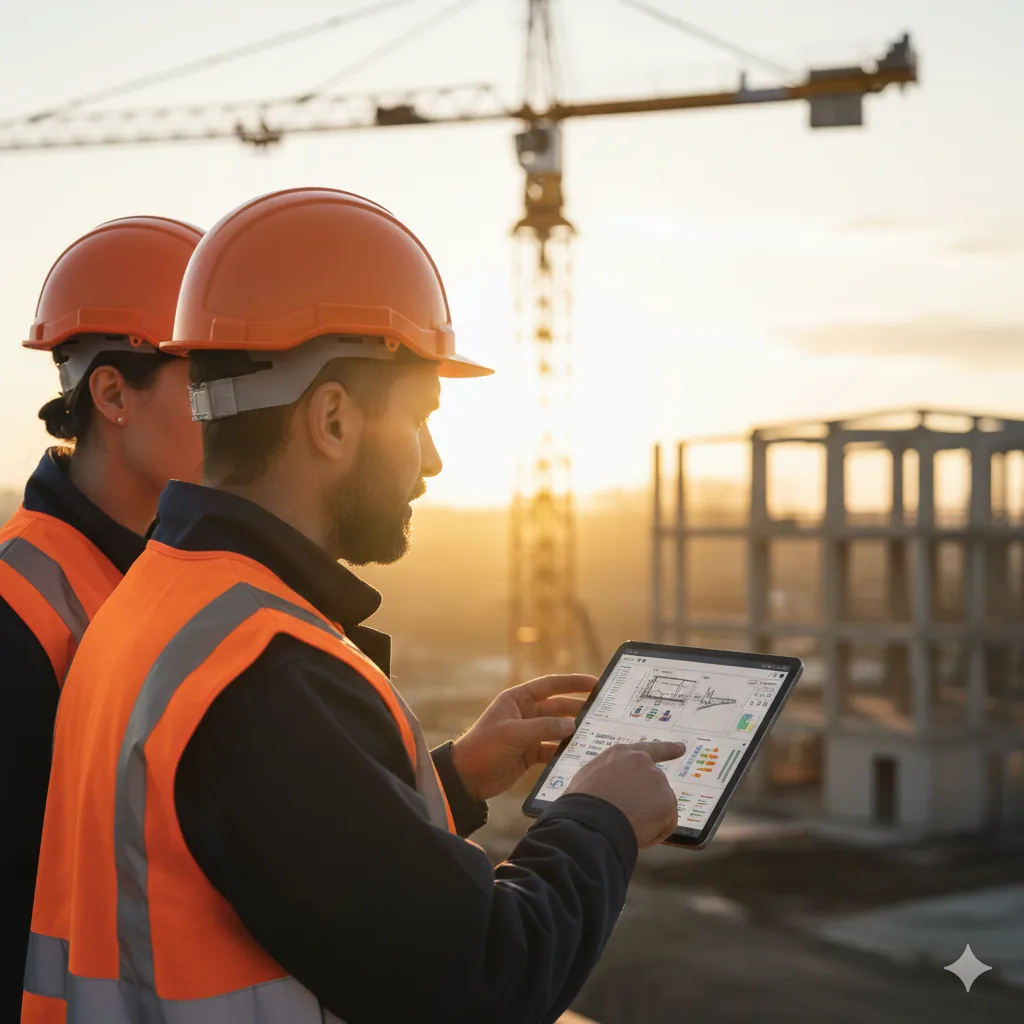 Zwei Bauleiter prüfen ein Tablet, Baukran im Sonnenuntergang