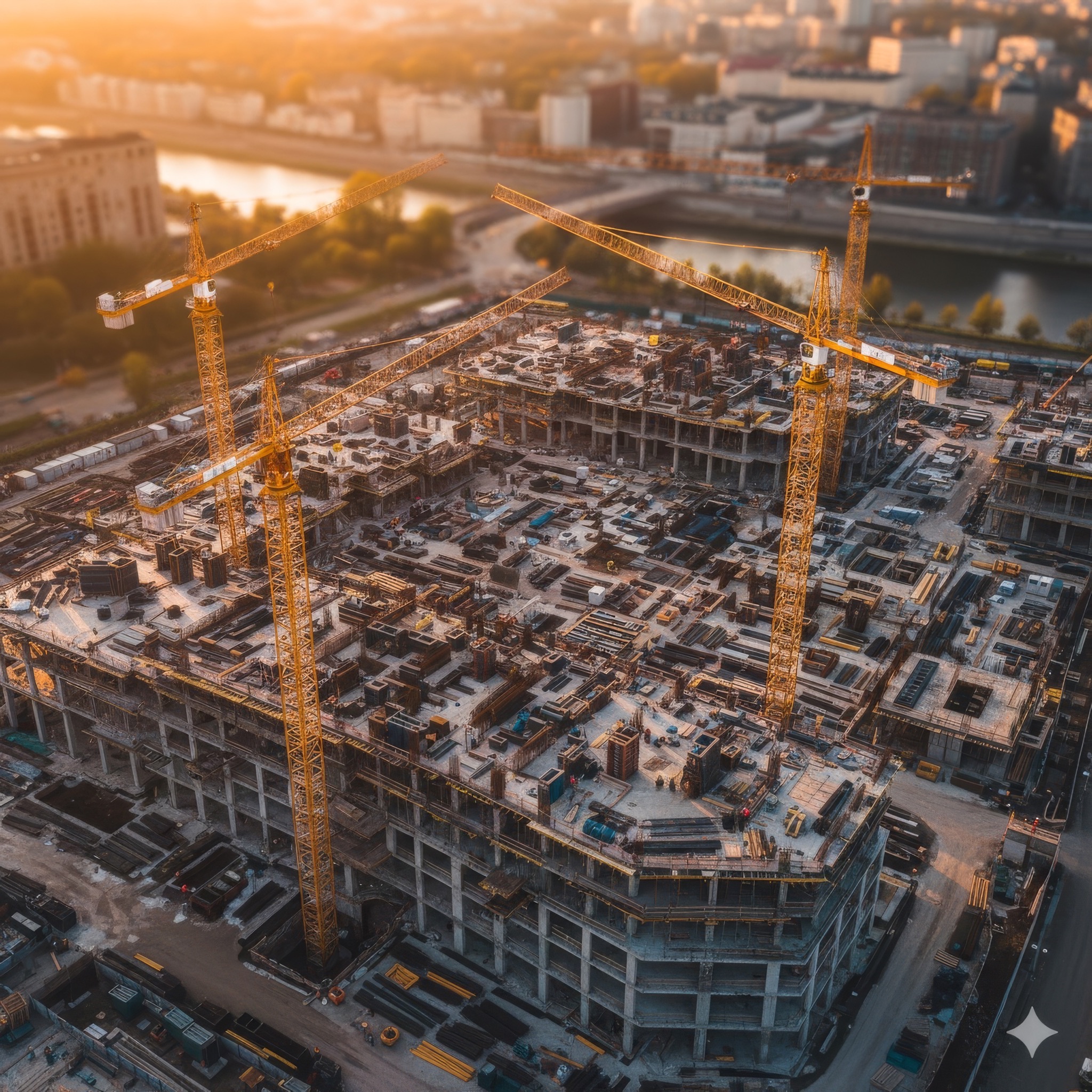 Baustelle mit Kränen im Sonnenuntergang — bevor wir bauen, verstehen wir Ihr Geschäft