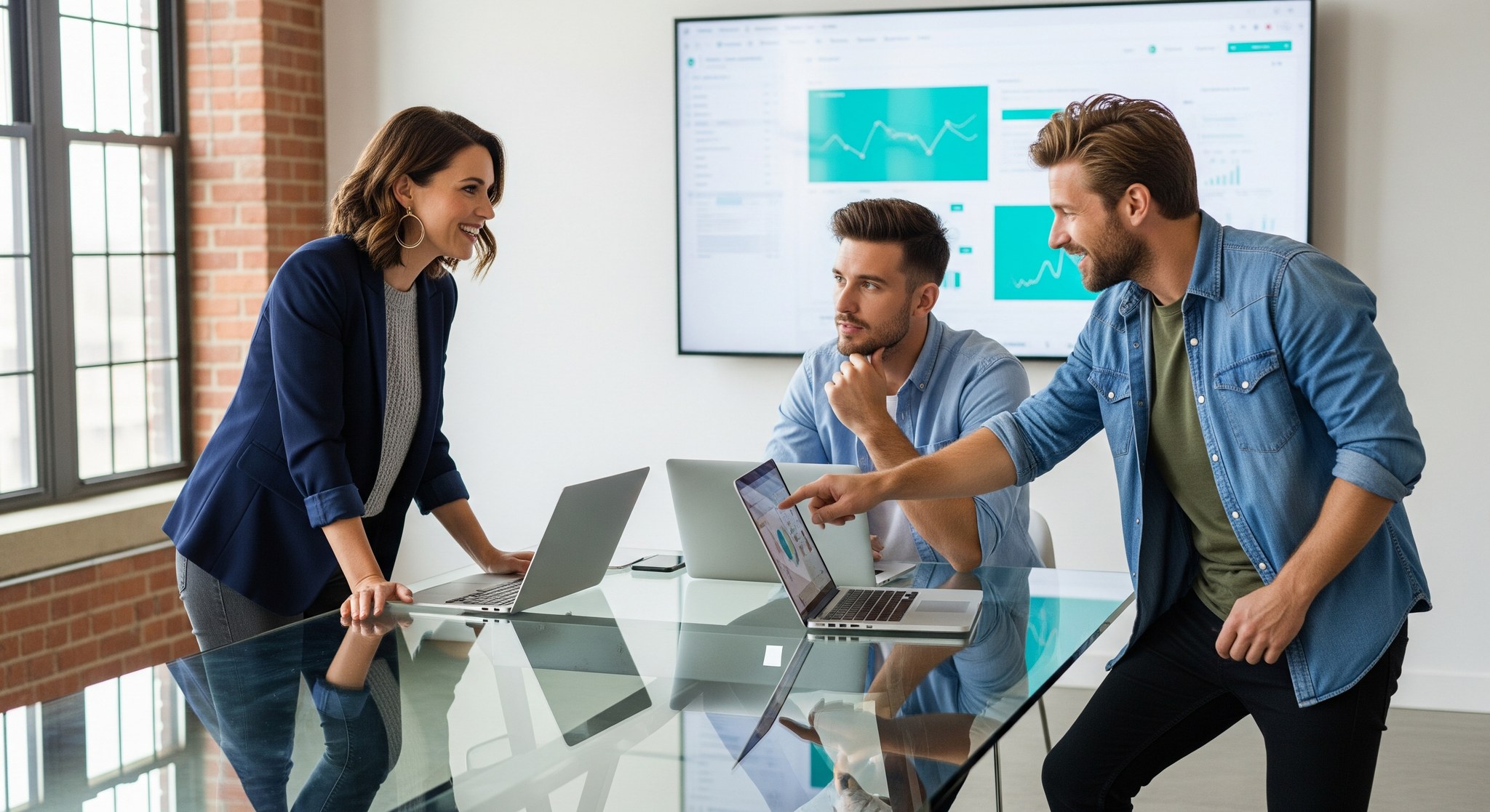 Agentur-Team arbeitet mit NovaData-Lösungen vor einem Analytics-Dashboard