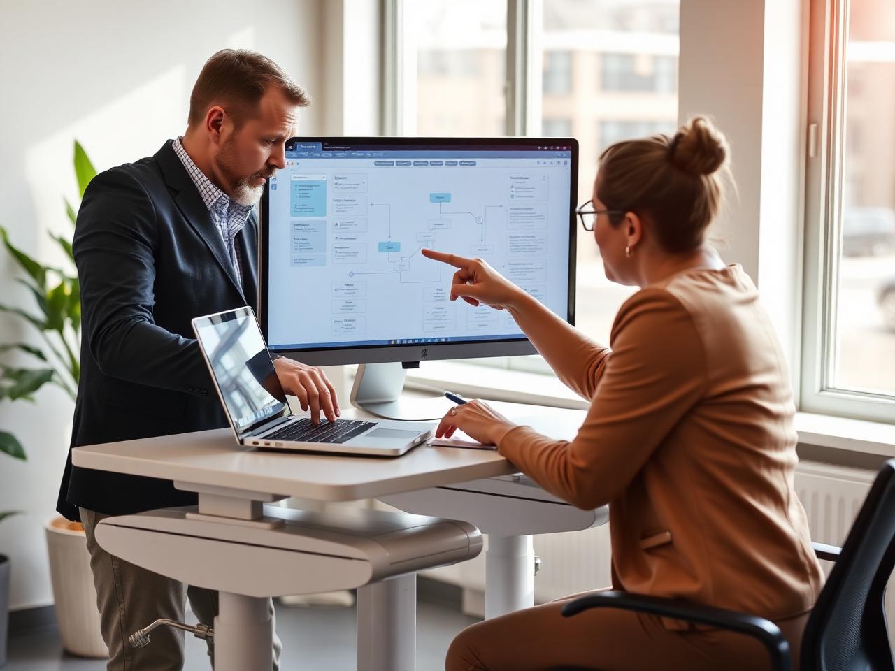 Zwei Kollegen am Stehtisch beim Konfigurieren eines Workflows