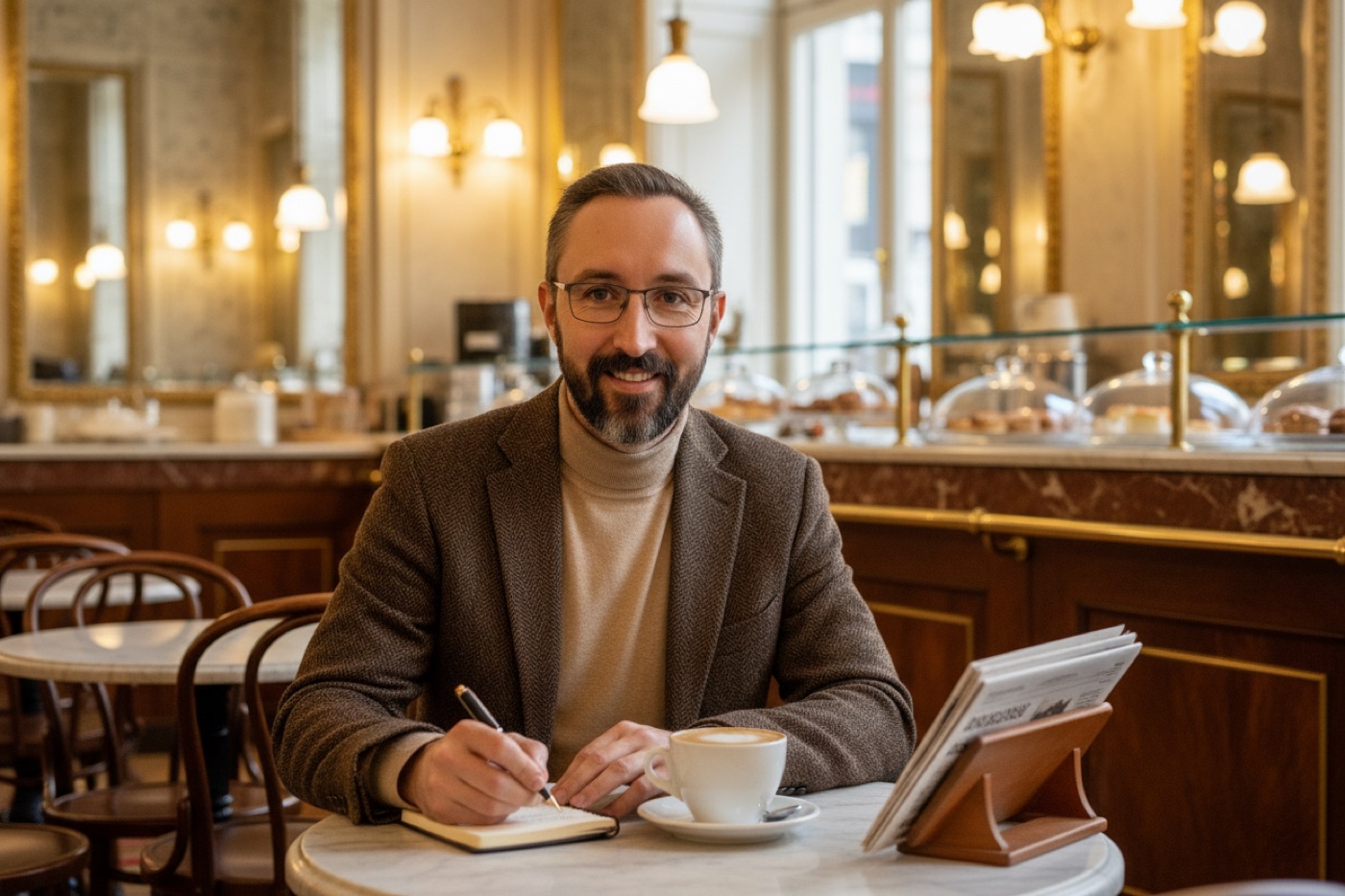 Tim Rosen im Beratungsgespräch mit Notizbuch und Kaffee