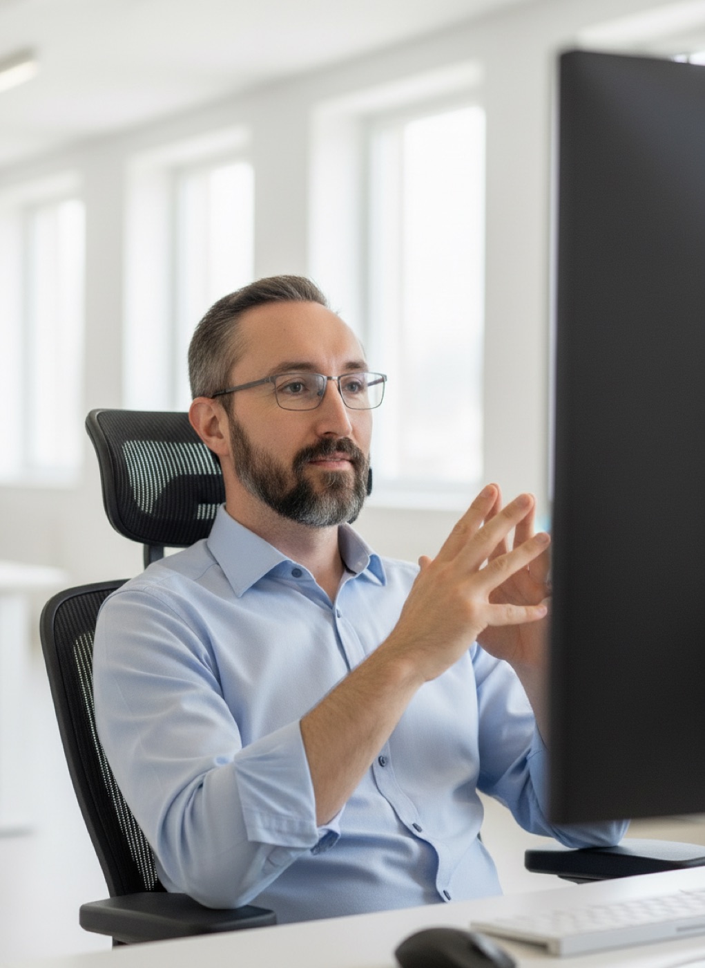 Tim Rosen arbeitet konzentriert eine Analyse am Monitor durch