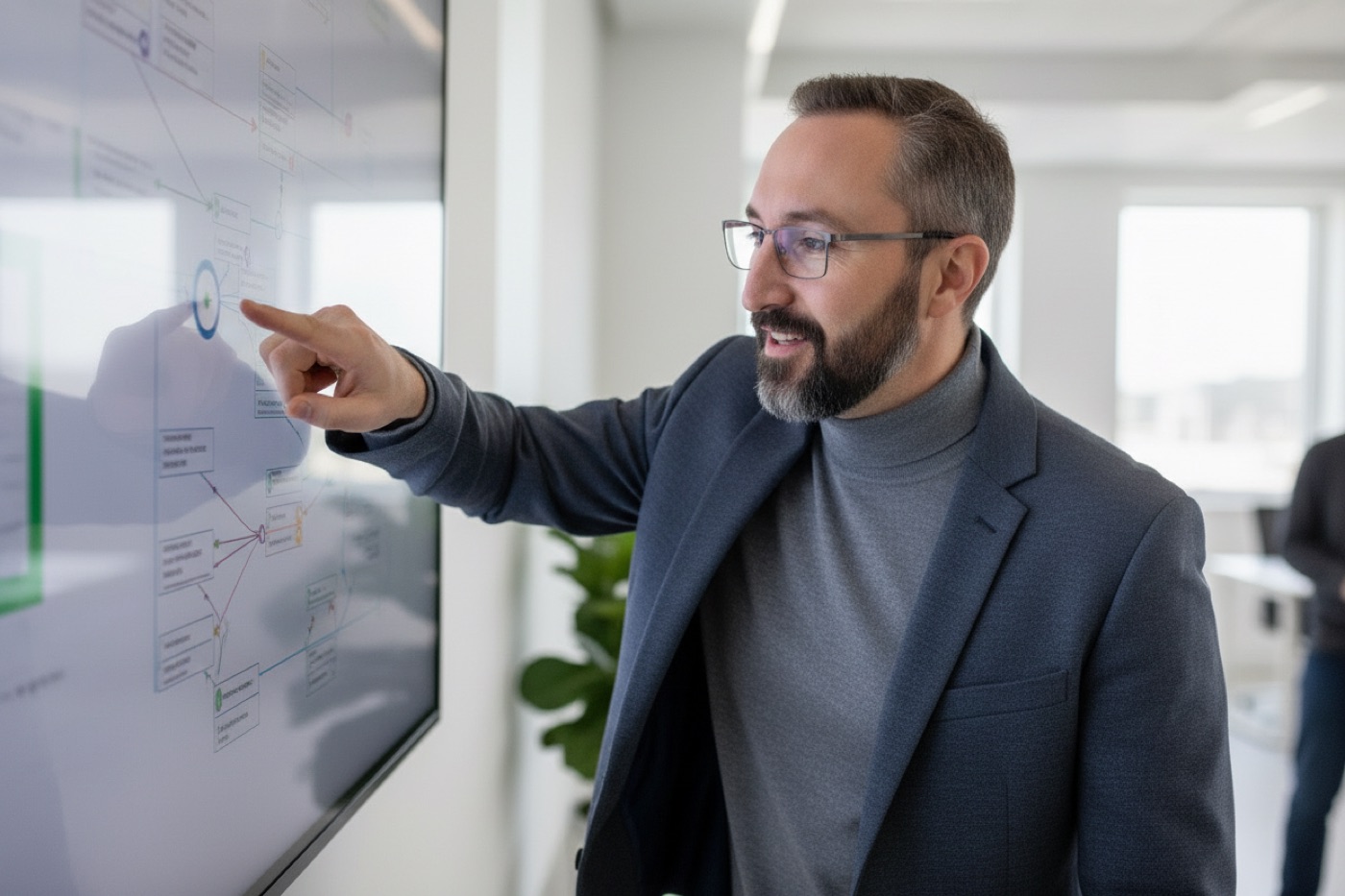 Tim Rosen erklärt eine Prozess-Roadmap am großen Bildschirm
