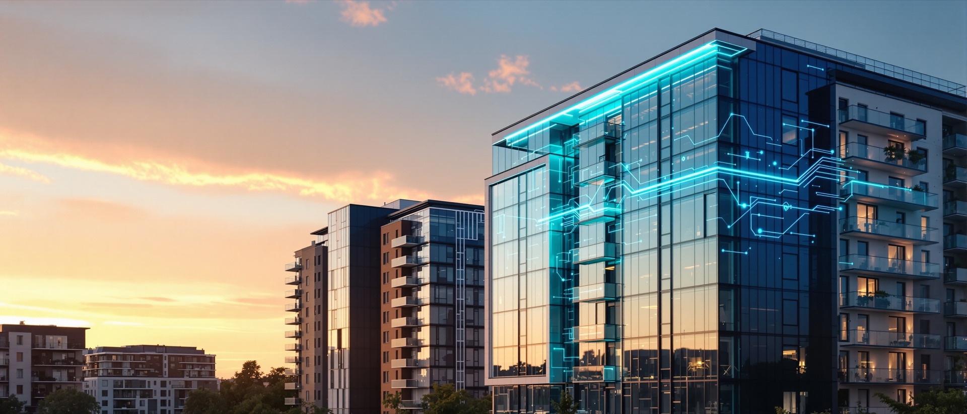 Moderne Gebäude mit digitaler NovaData-Software-Ebene